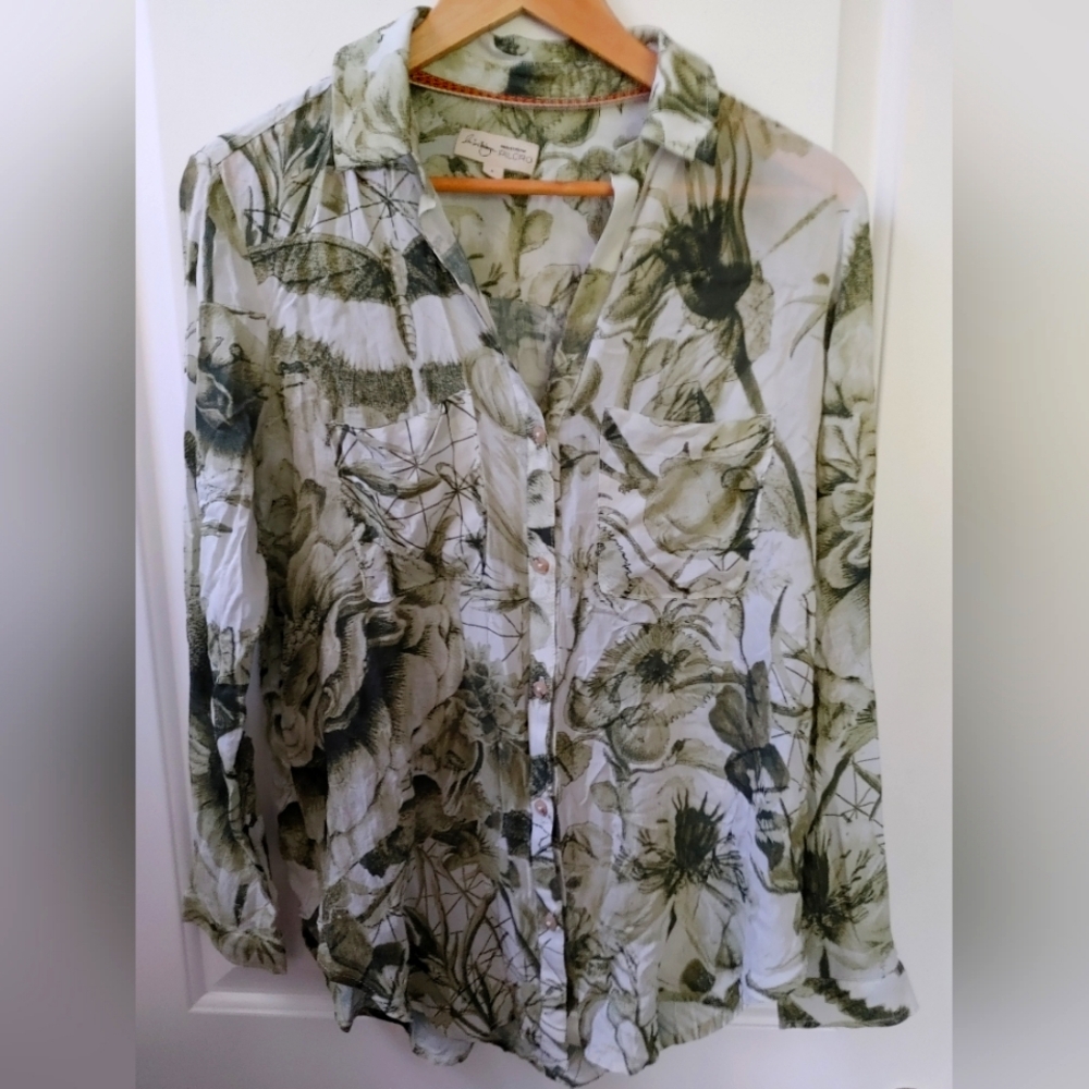 Anthropology Pilcro~ Sage Green & Off White Botanical Button-Down Shirt~ Size S